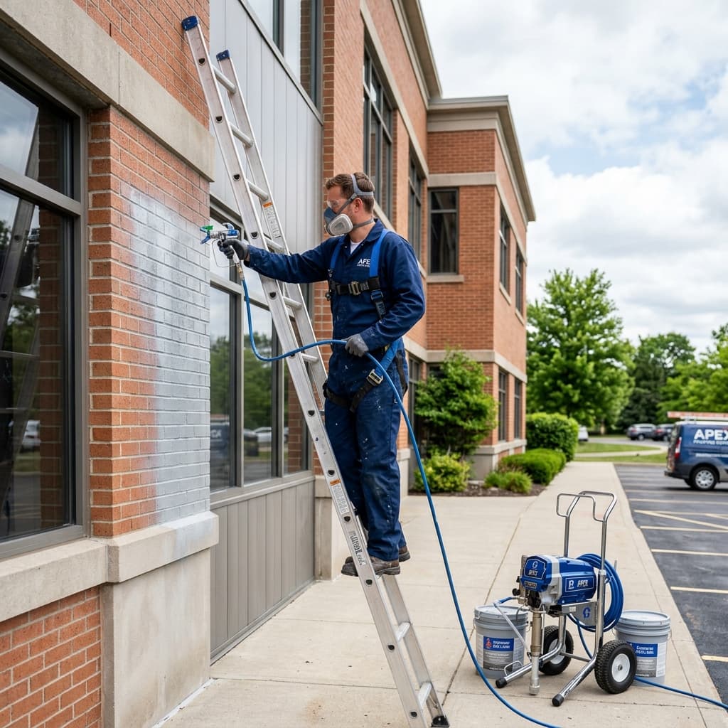 Professional commercial painter in uniform painting building wall with spray machine