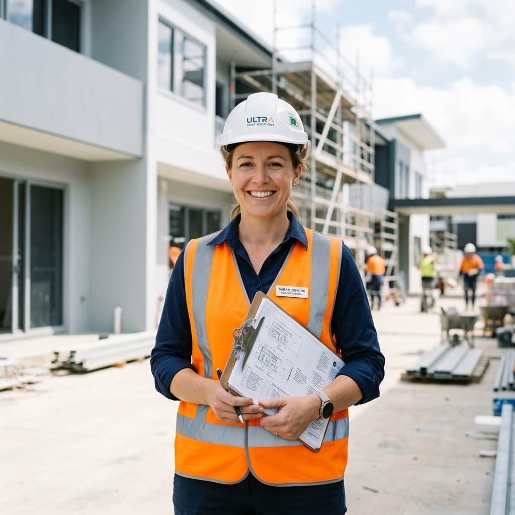Commercial painting project manager in hardhat holding blueprints smiling onsite